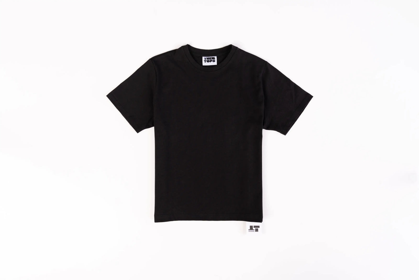 A black short-sleeve crewneck t-shirt laid flat on a clean white background.