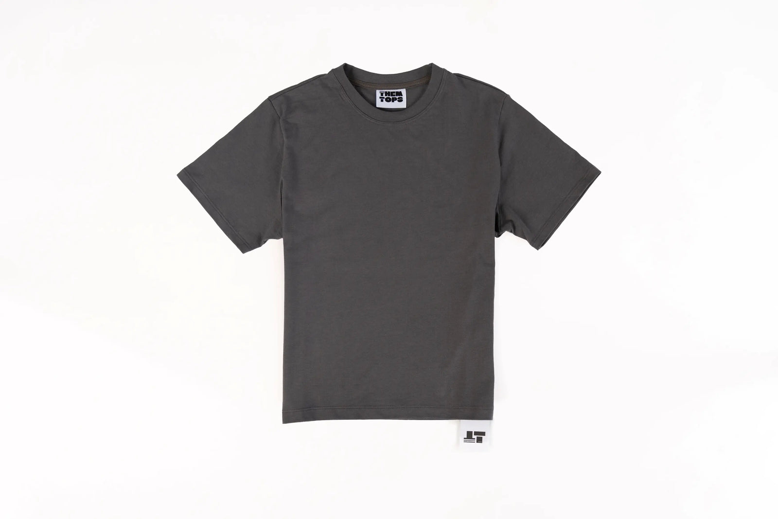 A dark gray short-sleeve crewneck t-shirt displayed flat against a white background.