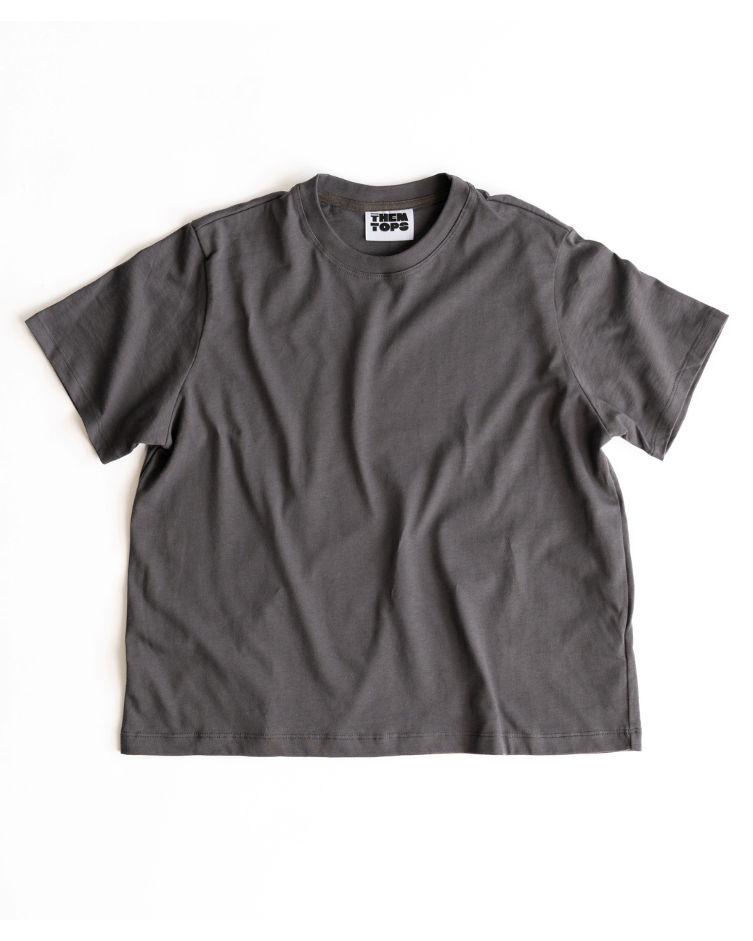 A dark gray short-sleeve crewneck t-shirt laid flat on a white background