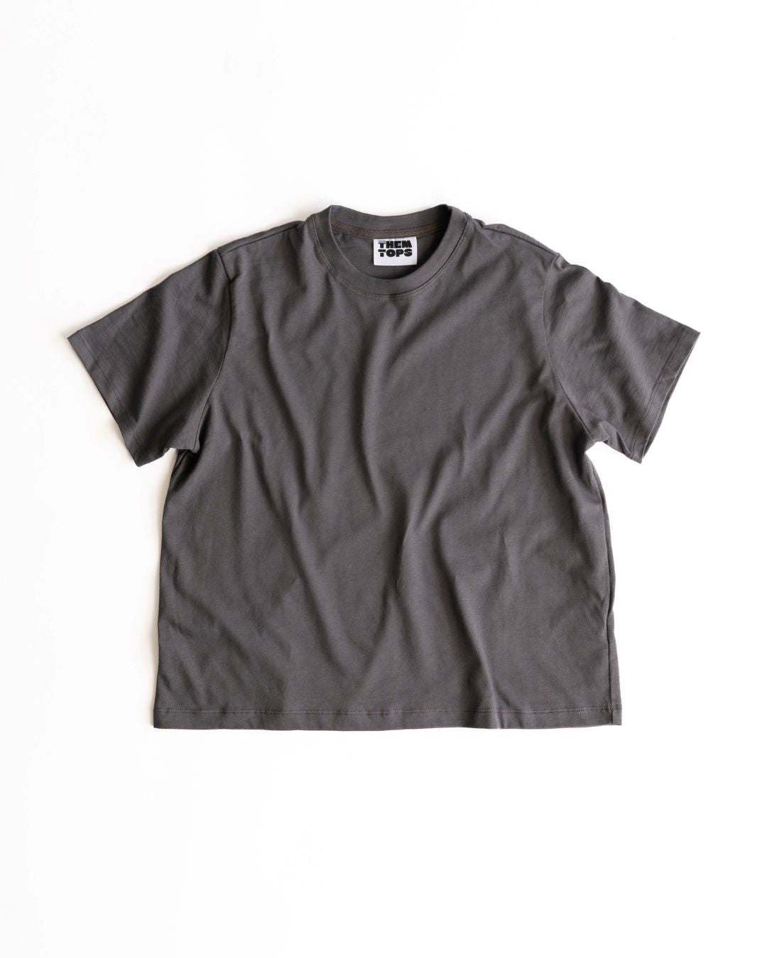 A dark gray short-sleeve crewneck t-shirt laid flat on a white background