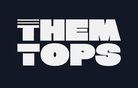 White block-style text reading 'THEM TOPS' on a dark background.