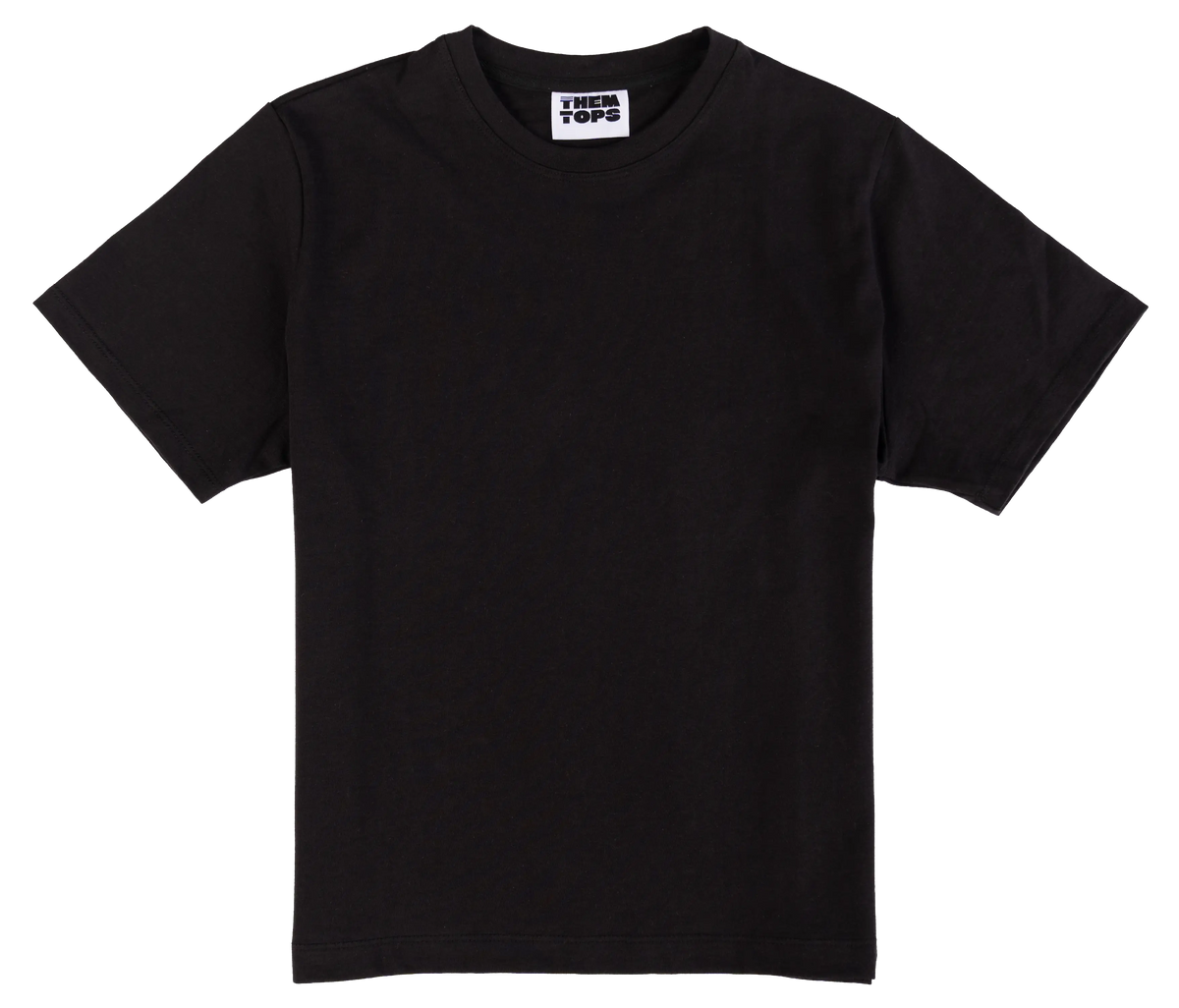 A black short-sleeve crewneck t-shirt laid flat against a transparent background.